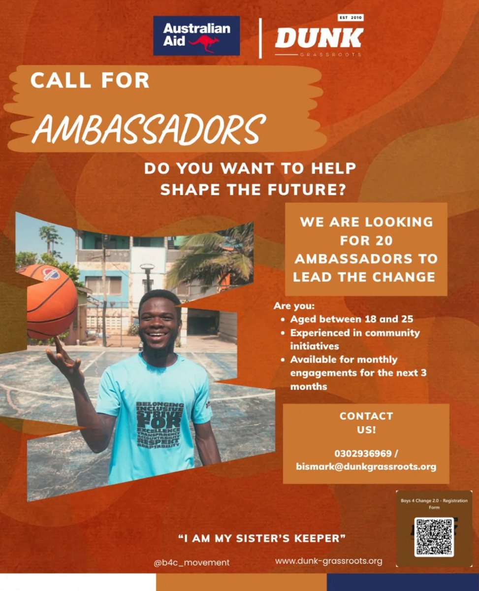 Applications Now Open! | B4C Community Club Ambassadors – Cohort 2

Be one of 30 Ambassadors championing Positive Masculinity and Gender Equality

Join a powerful movement where young leaders grow, connect, and take action to challenge harmful gender norms.

<a href="/AusAmbGHA/">Australian High Commission, Ghana</a>