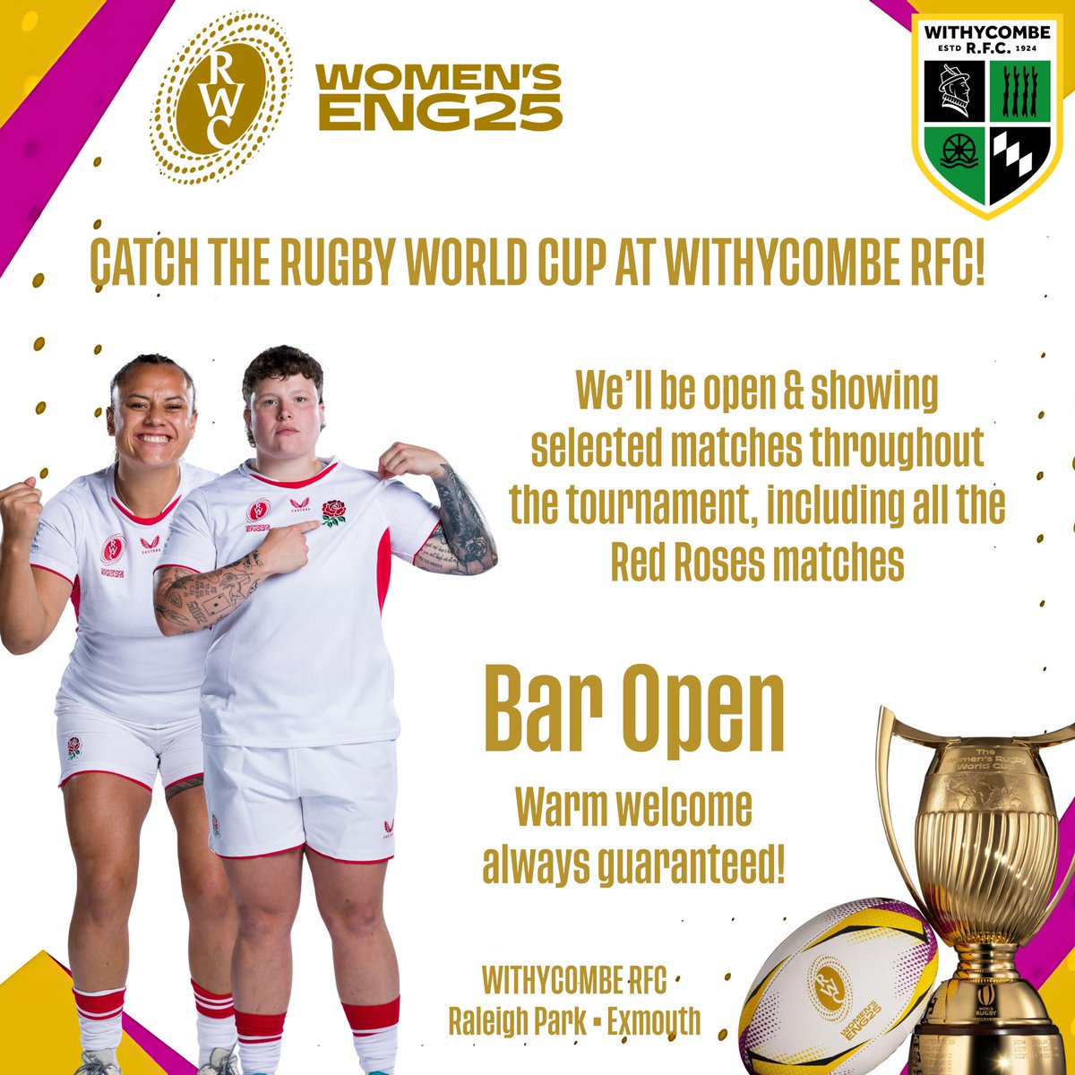 The Women’s World Cup is almost here!
With the Lionesses’ success in the Euros, it’s time for the Red Roses… catch the action at Raleigh Park. 
The bar will be open and a warm welcome is always guaranteed!

#YourCommunityClub
