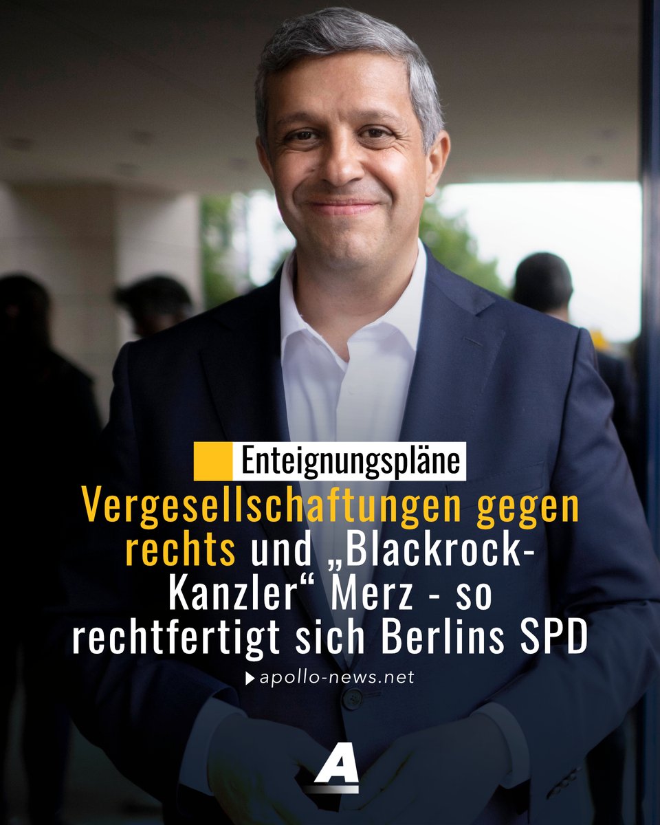 Der Vorsitzende der Berliner SPD-Fraktion, Raed Saleh, rechtfertigt das geplante Enteignungsgesetz mit dem Vorgehen gegen Rechtsextremismus. Außerdem sei das Gesetz wegen der Politik von Friedrich Merz, „Kanzlers des Blackrock-Kapitals“, nötig.
apollo-news.net/vergesellschaf…