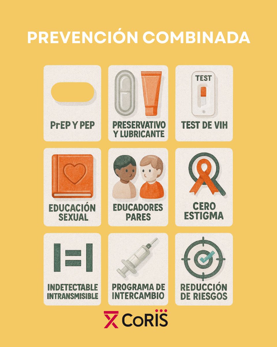 La prevención del VIH no es solo condón.
Test, PrEP, tratamiento, I=I, reducción de riesgos…
🔧 La prevención combinada une varias herramientas para cuidarte mejor.
Elige lo que se adapta a ti.
#PrevenciónVIH #CoRIS #SaludSexual #IigualAI #PrEP #TestVIH