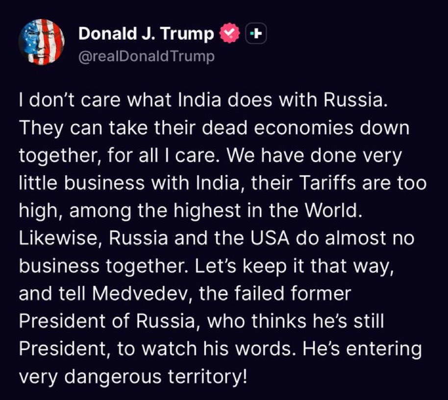 ¡OJO! 👁️ 

Donald Trump: «No me importa lo que India haga con Rusia. Pueden llevarse sus economías muertas juntos, por lo que a mí respecta».