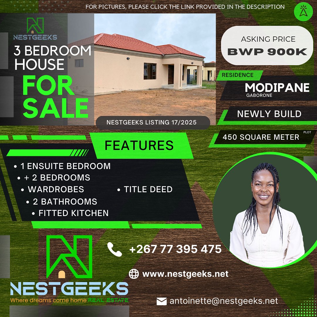 nestgeeksbw's tweet image. 🏡 For Sale in Modipane!
3-bed house | BWP 900,000 | 450m² | Title deed
• Ensuite master • Fitted kitchen
• Open-plan living • Guest &amp;amp; shared bath
📍Nest 17/2025
📞 Antoinette: +26772484747
🔗 nestgeeks.net
#Nestgeeks #RealEstateBW #Modipane