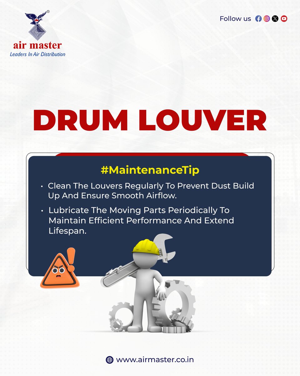 airmaster_india's tweet image. Keep your drum louvers running smoothly with simple upkeep—regular cleaning and lubrication go a long way in maintaining efficiency and extending lifespan.

#airmasterindia #drumlouvers #AirConditioningTips #HVACMaintenance #EfficientCooling #HVACCare