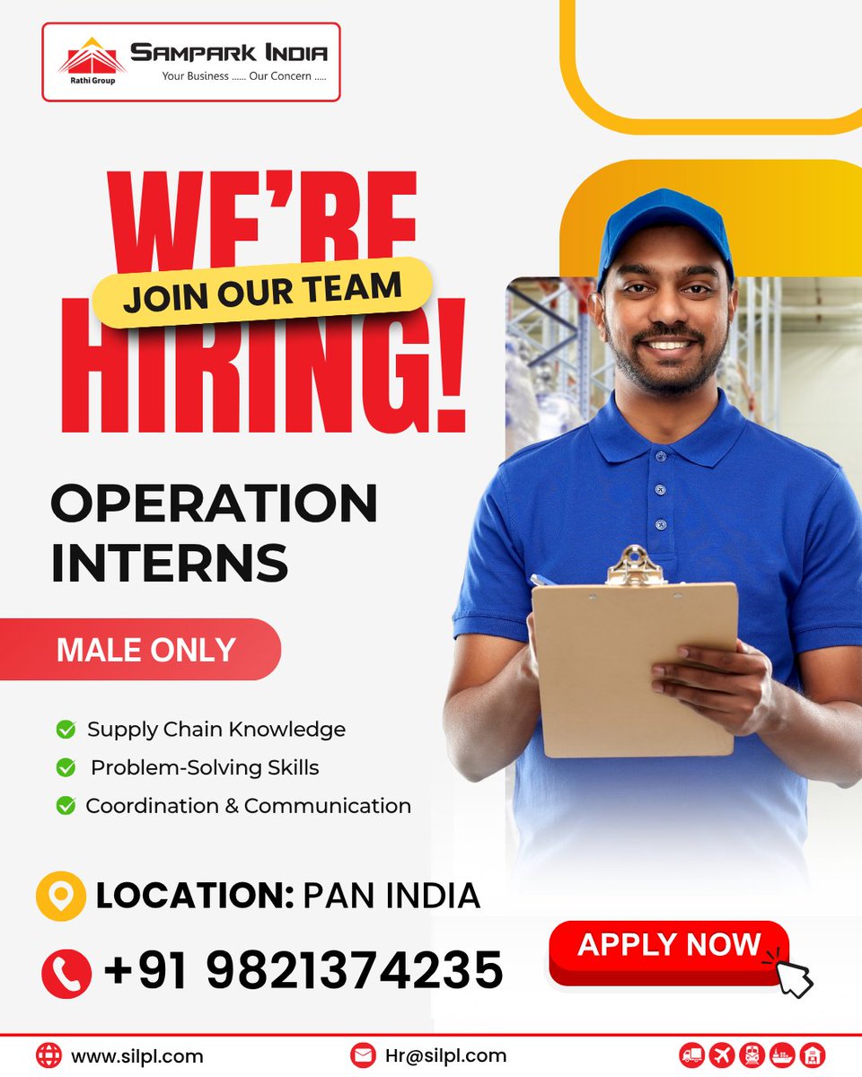 SilplIndia's tweet photo. 🚨 We’re Hiring: #OperationsIntern 🚨
Looking to start your career in the logistics industry? 🌐
 
Join the Operations team at #SamparkIndiaLogistics and gain hands-on experience in real-time logistics operations. #RathiGroup

📍 Location: Pan India
 📞Apply Now: +91 9821374235 https://t.co/4gtlyXC8mB