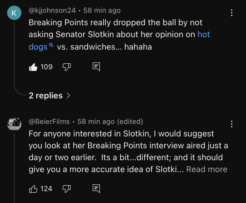 BallerBernie's tweet image. Basically every YouTube comment under Colbert’s interview with Slotkin is referring to the grilling @krystalball gave her…