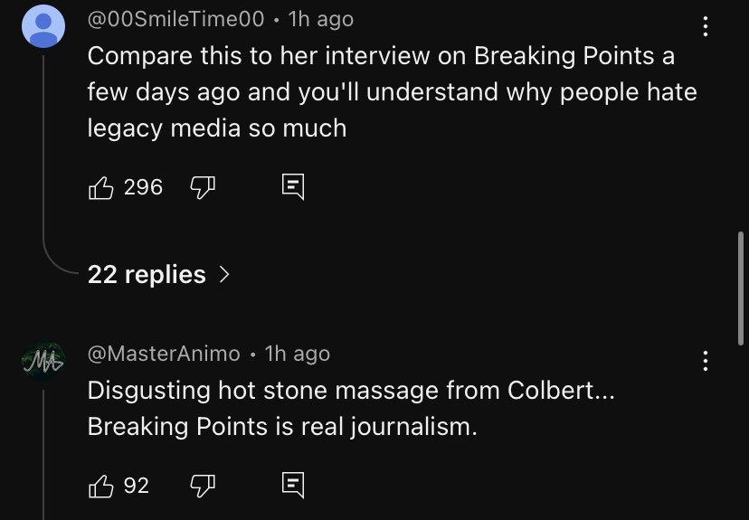 BallerBernie's tweet image. Basically every YouTube comment under Colbert’s interview with Slotkin is referring to the grilling @krystalball gave her…