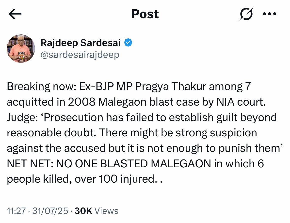 Find a Bigger Hypocrite than <a href="/sardesairajdeep/">Rajdeep Sardesai</a>.

Case 1- 8 Muslims released in 2006 Malegaon Blast case which killed 45 people.

Rajdeep: Who will give these Muslims back their 10 years?. They deserve apology.

Case 2: 7 Hindus acquitted in 2008 Malegaon Blast case in which 6