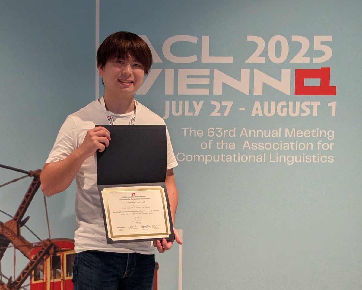 Our paper won the Outstanding Paper Award at ACL2025 🎉🎉
Huge thanks to my co-authors and everyone who supported us!!
ACL2025でOutstanding Paperを受賞しました！渾身の作品だったので、受賞できてめっちゃ嬉しいです！ 

aclanthology.org/2025.acl-long.…

#ACL2025NLP #ACL2025