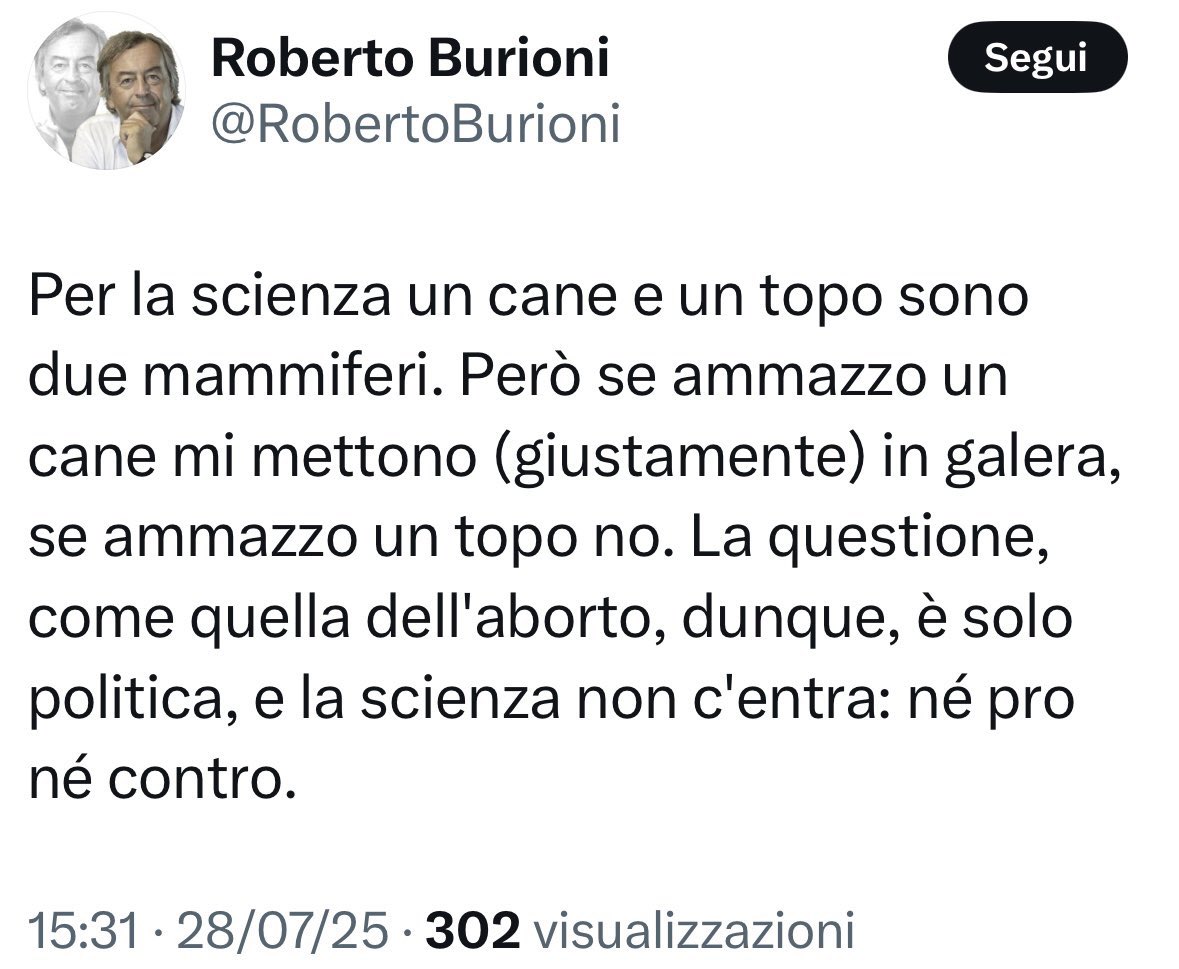 Diciamo che paragonare un feto umano a un topo è un tantinello rivoltante. 

Quel «la scienza non c’entra» rende l’idea del livello di cinismo etico* e di moralità che si possono esprimere con la supponenza di quel grilliano adagio del «Io so’ io e voi nun siete un …».

#Burioni