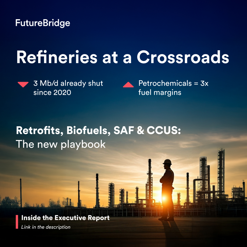 TheFutureBridge's tweet photo. What happens when cars drink less gasoline?
Since 2020, refiners have closed the equivalent of 3 million barrels a day of capacity  with up to 5 Mb/d more at risk in Europe and North America by 2050.

Our new executive report, “Futureproofing Existing Refineries,” maps the step‑by‑step playbook – from resid hydrocracking upgrades to CCUS‑ready, bio‑ and e‑fuel integrations: https://t.co/1syXDB5flf

#EnergyTransition #Refining #Petrochemicals #Decarbonisation #FutureBridge #LowCarbonFuels