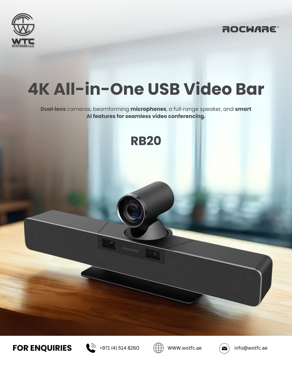 WTC_SYSTEMS_LLC's tweet image. Upgrade your video conferencing experience with the RB20, a powerful, AI-driven 4K USB video bar designed for seamless communication and collaboration.

#VideoConferencing #AIRecognition #4KCamera #HybridMeetings #WTCSYSTEMSLLC #Rocware