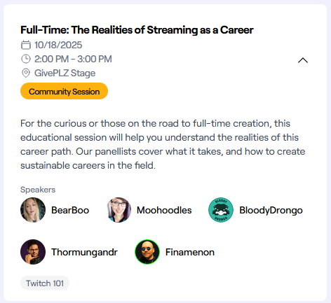 The TwitchCon SanDiego schedule is now live...

...which means I can formally announce I'm on a panel! 

On October 18th, 2PM Pacific, I'm honored to be with this amazing group of hard-working folks as we discuss "The Realities of Streaming as a Career."

See you there!