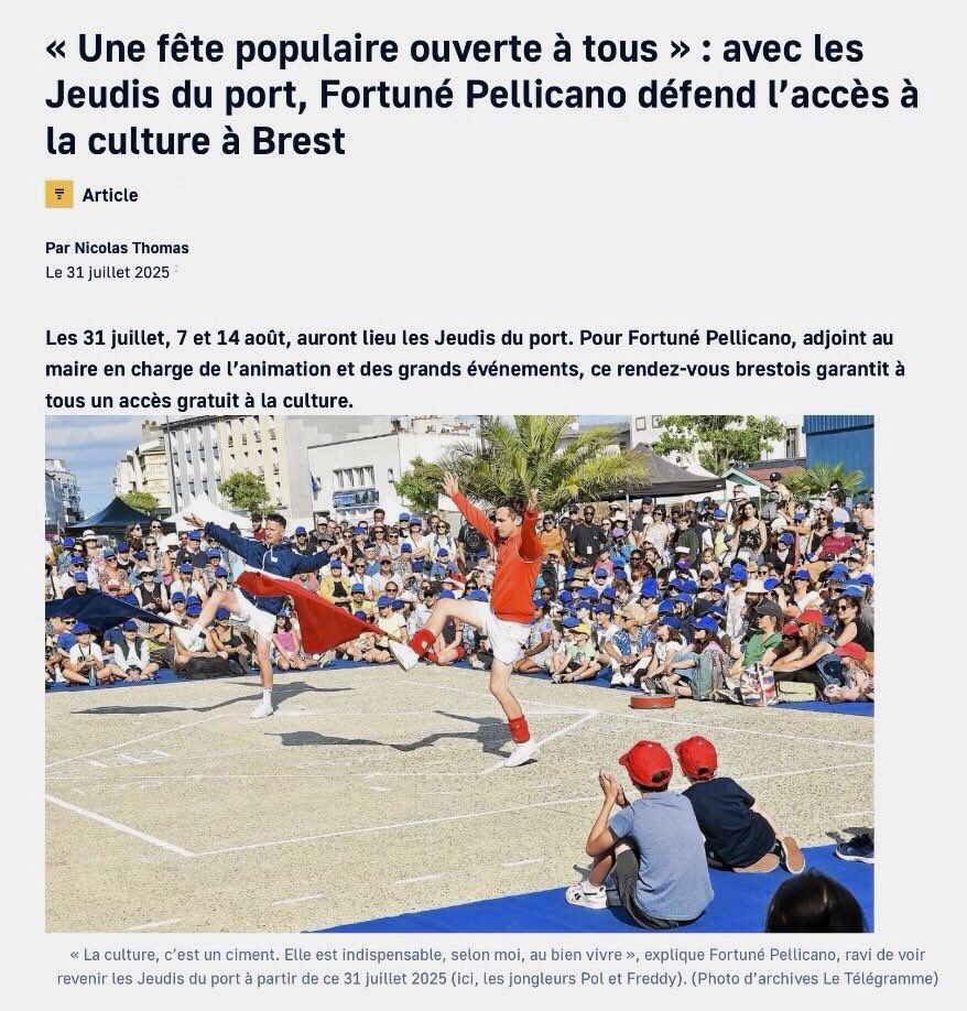 Merci Le Télégramme Brest pour sa pleine page publiée ce jeudi 31 juillet et consacrée à l’édition 2025 des Jeudis du Port. Mon interview, la présentation et la programmation sont à retrouver avec le lien suivant : letelegramme.fr/finistere/bres…