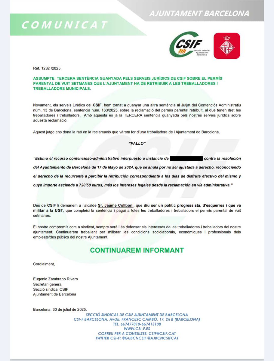 presonscsif (@presonscsif) on Twitter photo Enhorabona a <a href="/AJBCNCSIFCAT/">CSIF Ajuntament BCN</a> i els ssjj. Tercera sentencia que reconeix el dret a gaudir retributivament el permís parental de 8 setmanes
<a href="/csifautonomic/">Csif Autonomic</a> <a href="/csiflleida/">CSIFLLEIDA</a> <a href="/CSIFTarragona1/">CSIF TARRAGONA</a> <a href="/csifgirona/">CSIF GIRONA</a> Enhorabona a <a href="/AJBCNCSIFCAT/">CSIF Ajuntament BCN</a> i els ssjj. Tercera sentencia que reconeix el dret a gaudir retributivament el permís parental de 8 setmanes
<a href="/csifautonomic/">Csif Autonomic</a> <a href="/csiflleida/">CSIFLLEIDA</a> <a href="/CSIFTarragona1/">CSIF TARRAGONA</a> <a href="/csifgirona/">CSIF GIRONA</a>