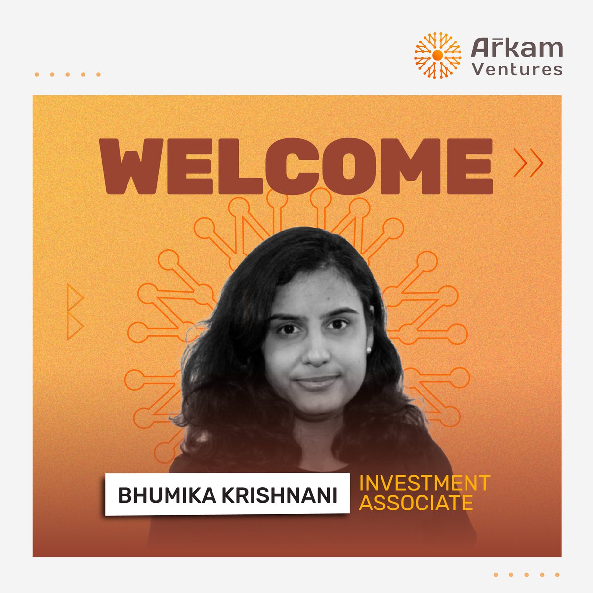ArkamVC (@arkam_vc) on Twitter photo Thrilled to welcome Bhumika Krishnani to the <a href="/arkam_vc/">ArkamVC</a> team as an Investment Associate!
She brings experience from <a href="/BCG/">Boston Consulting Group</a> Tech & Digital practice, holds an MBA from <a href="/SPJIMR/">SPJIMR, Mumbai</a> and has a keen interest in coffee cultures and art.
Excited to have her on the team! Thrilled to welcome Bhumika Krishnani to the <a href="/arkam_vc/">ArkamVC</a> team as an Investment Associate!
She brings experience from <a href="/BCG/">Boston Consulting Group</a> Tech & Digital practice, holds an MBA from <a href="/SPJIMR/">SPJIMR, Mumbai</a> and has a keen interest in coffee cultures and art.
Excited to have her on the team!