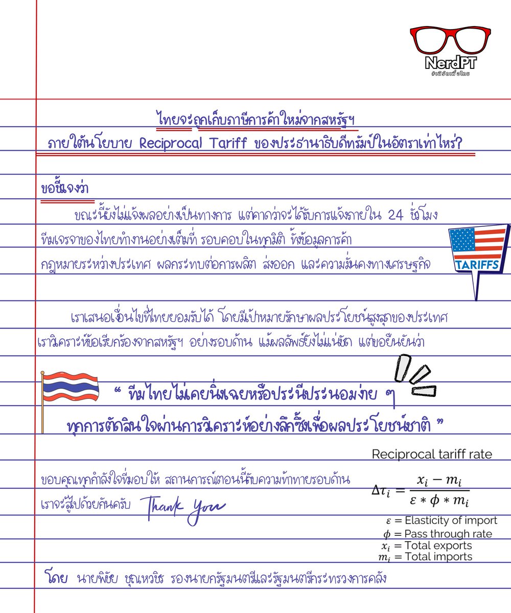 NerdPheuthai's tweet image. ไทยจะถูกเก็บภาษีการค้าใหม่จากสหรัฐฯ ภายใต้นโยบาย Reciprocal Tariff ของประธานาธิบดีทรัมป์ในอัตราเท่าไหร่?
.
#ภาษีทรัมป์ #ReciprocalTariffs #NerdPT #เนิร์ดเพื่อไทย