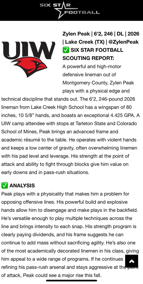 Zylen Peak (@zylenpeak) on Twitter photo Thank you @SixStarFootball for the write up while I was attending Incarnate Word (UIW) OL/DL camp on 7/15/25
@coachpatkennedy <a href="/coach_bourquin/">Coach Bourquin</a> <a href="/LakeCreekFBall/">Lake Creek Lions Football</a> <a href="/LakeCreekTDClub/">Lake Creek Touchdown Club</a> Thank you @SixStarFootball for the write up while I was attending Incarnate Word (UIW) OL/DL camp on 7/15/25
@coachpatkennedy <a href="/coach_bourquin/">Coach Bourquin</a> <a href="/LakeCreekFBall/">Lake Creek Lions Football</a> <a href="/LakeCreekTDClub/">Lake Creek Touchdown Club</a>