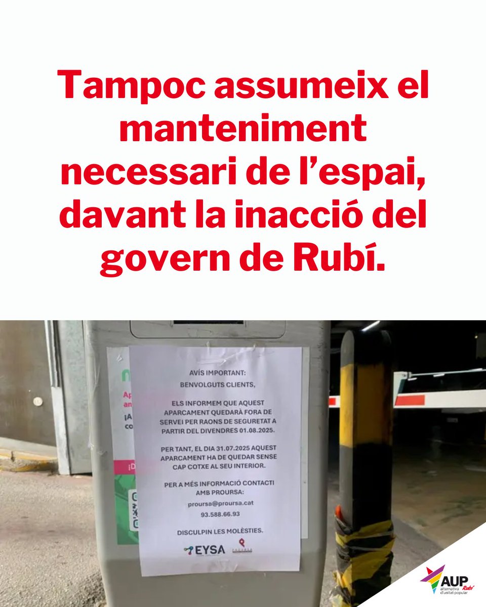AUP_Rubi's tweet image. Avui tanca l&apos;aparcament de l&apos;Allende, sense nova data d&apos;obertura. Ho fa després d&apos;anys d&apos;incompliments constants per part de l&apos;empresa, davant el silenci i la inacció del govern de #rubicity

diariderubi.com/laup-demana-sa…

L&apos;AUP fa dos anys que demanem reunions per entomar aquest tema.