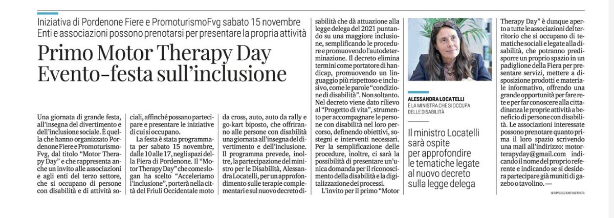 Sabato 15 novembre fiera di Pordenone festa all'insegna dell'inclusione - con #mototerapia, #kart terapia.
Le Associazioni di persone con disabilità e sociale in Friuli Venezia Giulia possono prenotare uno spazio per esporre le loro attività alla mail: motorterapyday@gmail.com