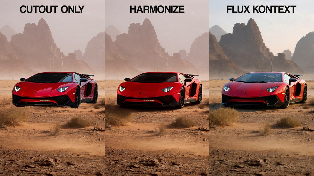 camthaman's tweet image. Compositing Tests
No Effect -&amp;gt; Photoshop &apos;Harmonize&apos; -&amp;gt; Flux Kontext