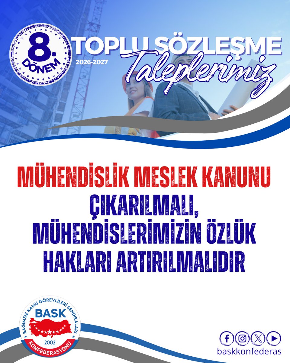 Mühendislik Meslek Kanunu çıkarılmalı, mühendislerimizin özlük hakları artırılmalıdır.

#TopluSözleşme
#KamuMühendisleri
#MühendislikMeslekKanunu