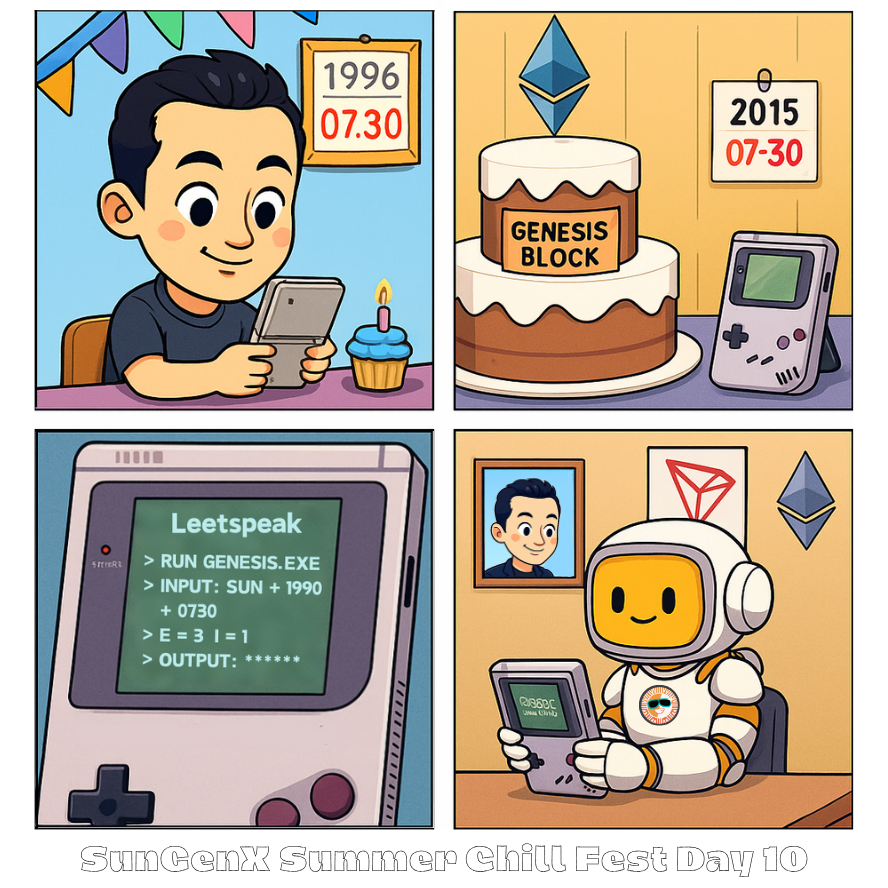 📅 SunGenX Summer Chill Fest — Day 10 Update
 A Milestone in Blockchain History — and the Hunt Begins
July 30 marks a rare convergence of significance across the blockchain landscape:

🎂 Justin Sun celebrates 35 years of relentless innovation and leadership.
🌐 Ethereum