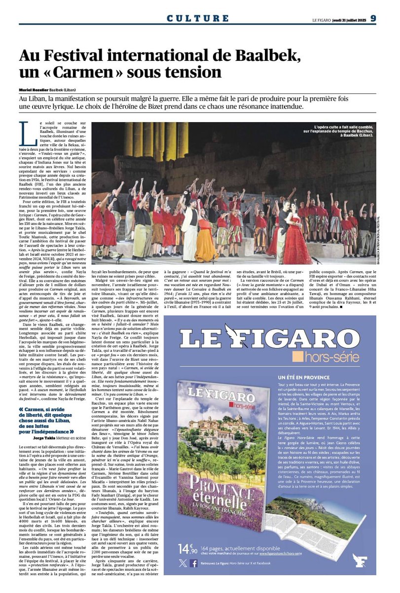 Le Figaro couvre la production ambitieuse de Carmen au Festival de Baalbeck. Il souligne le pari audacieux de monter cette œuvre  dans un contexte sécuritaire difficile, et salue le défi relevé avec détermination. Merci au Figaro pour ce bel éclairage sur notre engagement culture