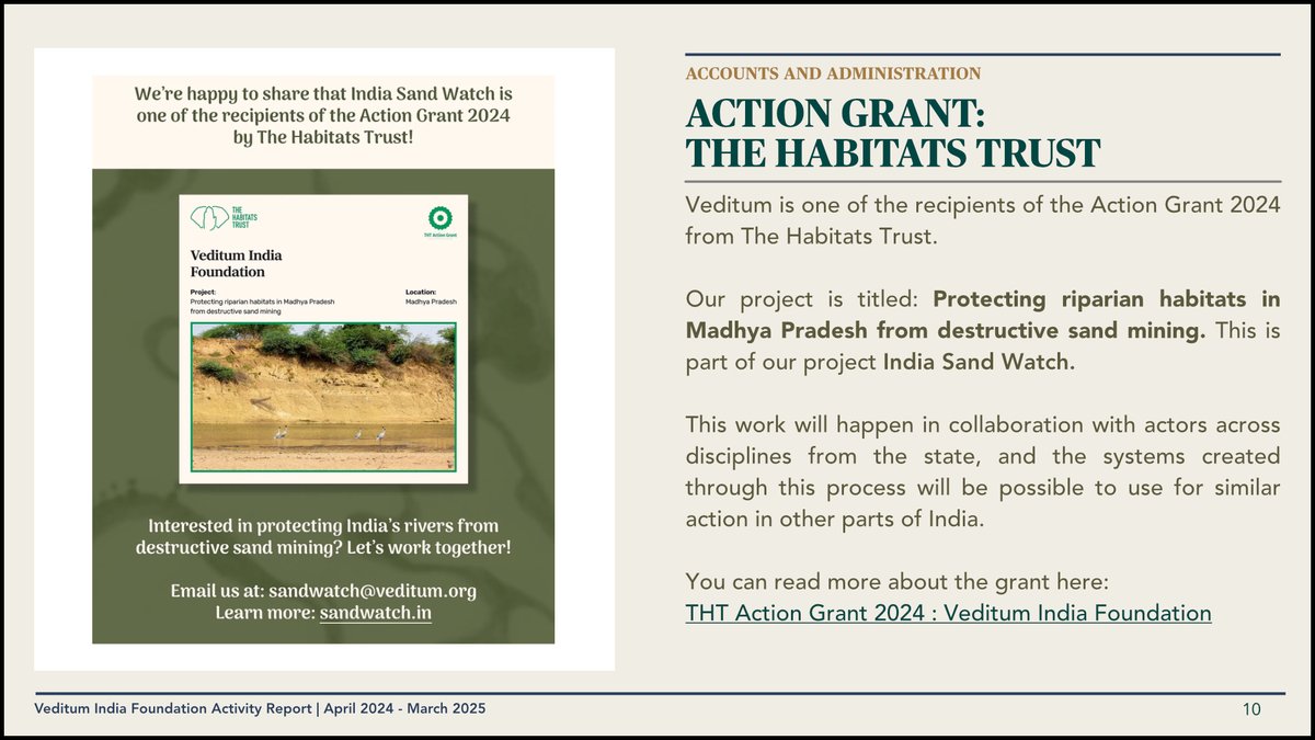 Veditum India Foundation (@veditum) on Twitter photo 🧵6/n - Veditum's Activity Report (FY 24-25)
🎖️Last year, we applied for the Action Grant by <a href="/HabitatsTrust/">The Habitats Trust</a> & have started work on it this year!
🔗Full report here: veditum.org/VIF-AR-2425
<a href="/indiasandwatch/">India Sand Watch</a> <a href="/moving_upstream/">Moving Upstream - Veditum</a>
<a href="/sidagarwal/">Siddharth Agarwal</a> <a href="/aishani07/">Aishani</a> <a href="/rhealopez16/">RheaLopez</a> 🧵6/n - Veditum's Activity Report (FY 24-25)
🎖️Last year, we applied for the Action Grant by <a href="/HabitatsTrust/">The Habitats Trust</a> & have started work on it this year!
🔗Full report here: veditum.org/VIF-AR-2425
<a href="/indiasandwatch/">India Sand Watch</a> <a href="/moving_upstream/">Moving Upstream - Veditum</a>
<a href="/sidagarwal/">Siddharth Agarwal</a> <a href="/aishani07/">Aishani</a> <a href="/rhealopez16/">RheaLopez</a>