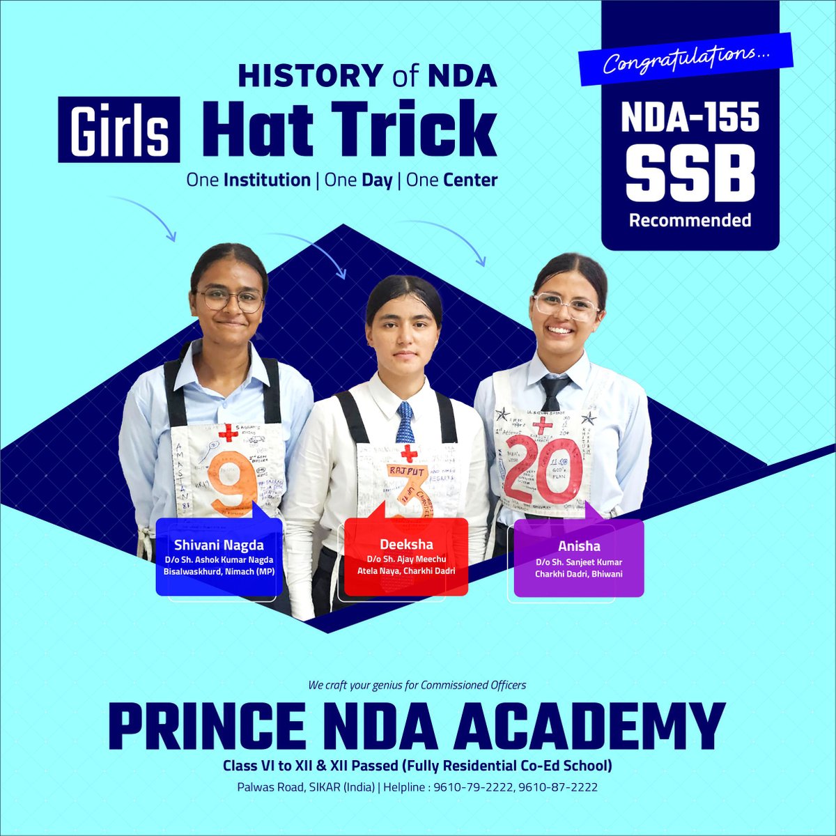🚺 SSB Hat Trick by Girls!
Shivani, Deeksha &amp; Anisha from Prince NDA Academy made history — all 3 selected in NDA-155 SSB, same day, same center! 💥
This is what real empowerment looks like!
#NDA155 #SSBRecommended #GirlPower #PrinceNDAAcademy #HistoryMade #OneDayOneCenter