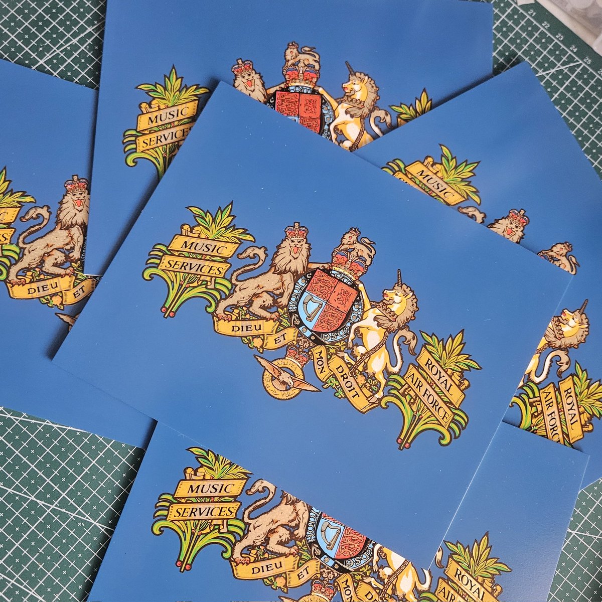 RegimentalReps's tweet photo. Once again there has been a vast amount of music backing cards being made, this time for @royalairforcemusic

These were the last screen printed cards we're making as we move all new backing cards across to our premium matt finish

#raf #royalairforce
#militaryband #marchingband https://t.co/bkX03pln9O