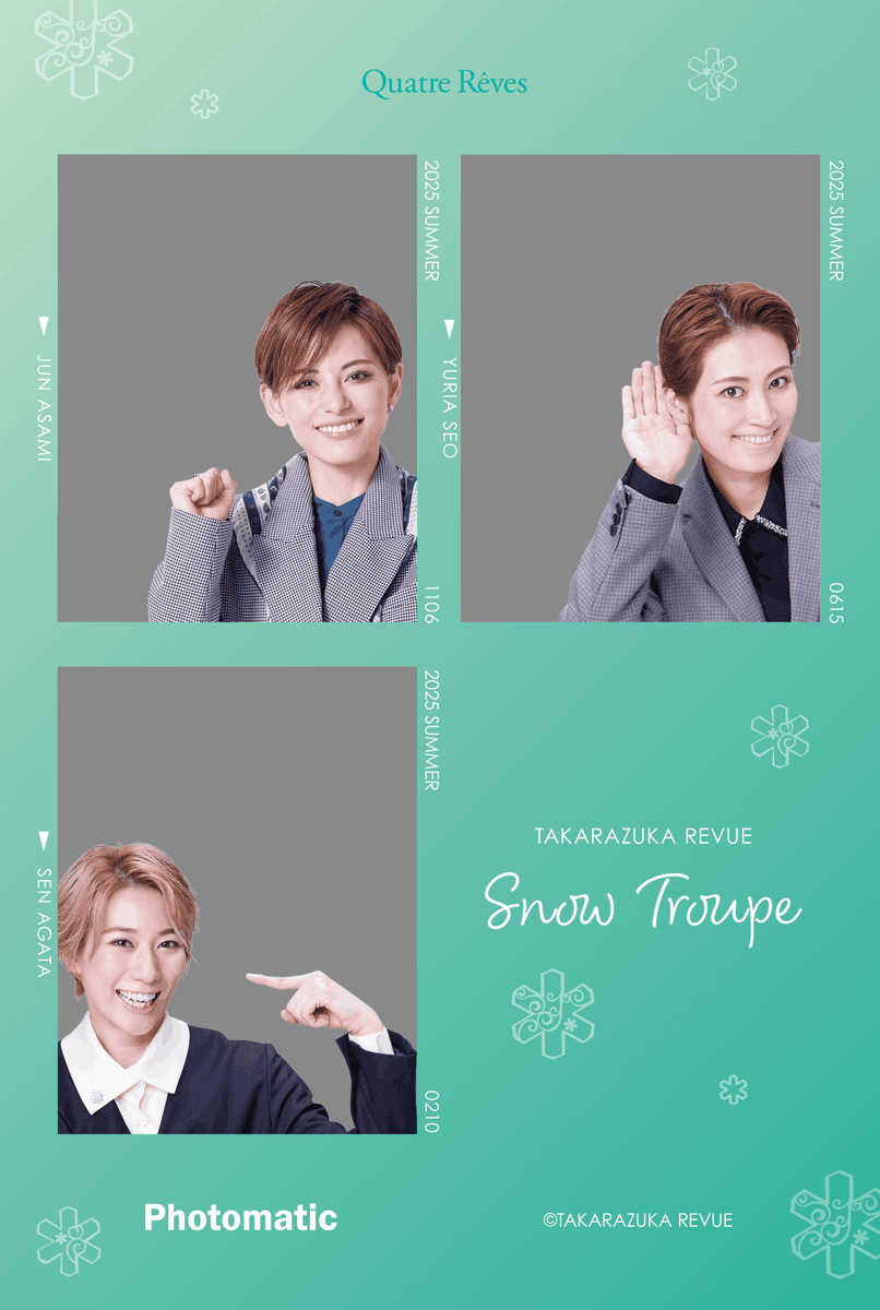 photomatic_jp's tweet photo. 雪組トップスター #朝美絢 さん、雪組スター　#瀬央ゆりあ さん、#縣千 さんをデザインしたオリジナルフレームは宝塚ファン必見！
この機会に雪組スターとのツーショット風の撮影をお楽しみください🙌 https://t.co/jUh7gpKmoR