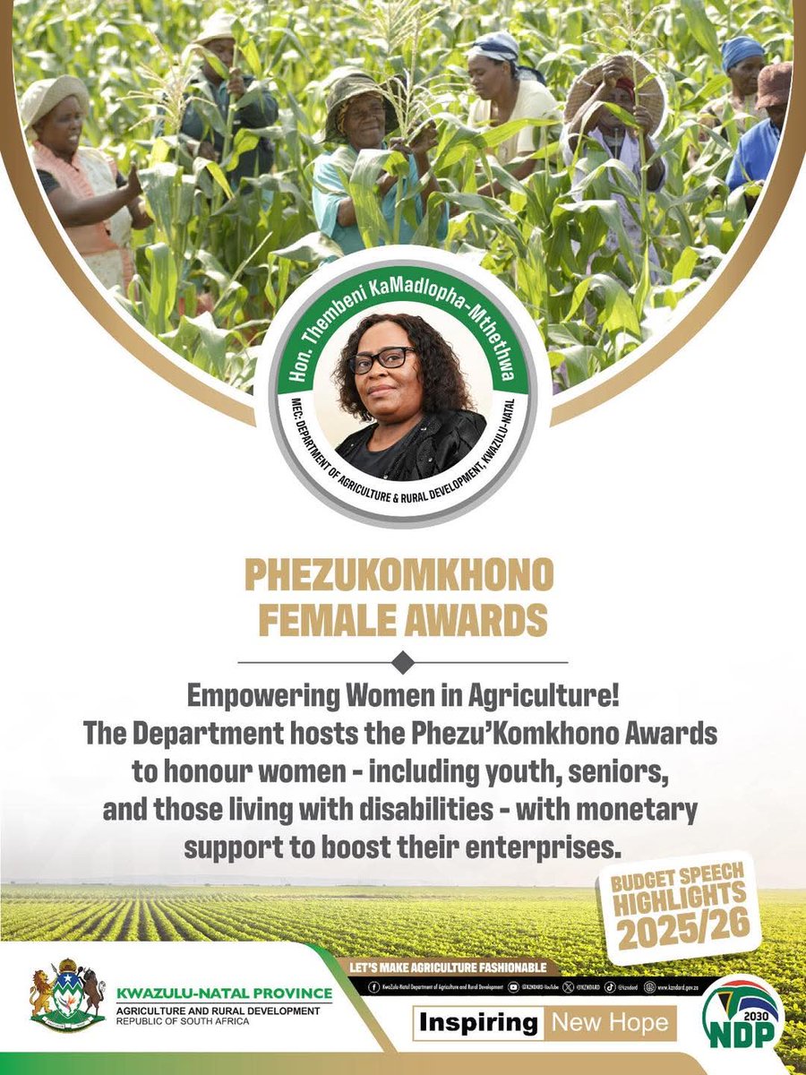 2025/26 Budget Speech Highlights at a Glance!

Dive into the 2025/26 Budget Highlights and see how the Department will drive change this financial year - from farmer support to food security, job creation, and rural development. 🌱
  
#BudgetHighlights

#FoodSecurity