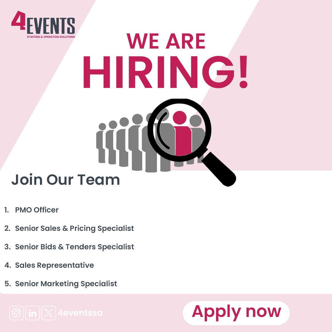 4Eventssa's tweet image. WE ARE HIRING!

Multiple positions open for talented professionals ready to make an impact. 

Apply Now: 4events-sa.com/available-vaca…

#4Events #WeAreHiring #CareerOpportunities #events