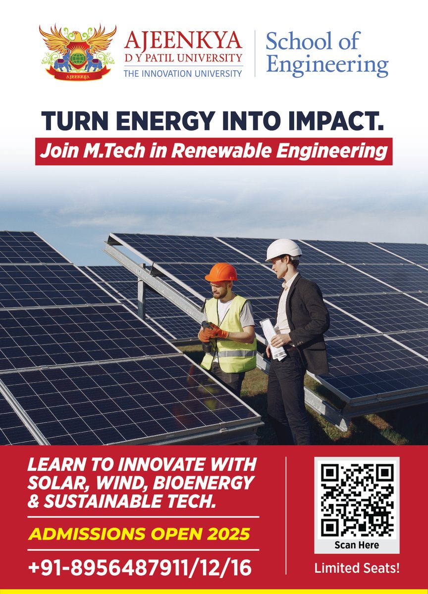 adypuniversity's tweet image. Turn Energy into Impact with an M.Tech in Renewable Engineering at #ADYPU!
Learn to innovate with solar, wind, bioenergy &amp;amp; more.
📢 #AdmissionsOpen 2025 — Few seats left. Hurry and apply today!
Call, +91-8956487911/12/16
#RenewableEngineering #MTech2025
