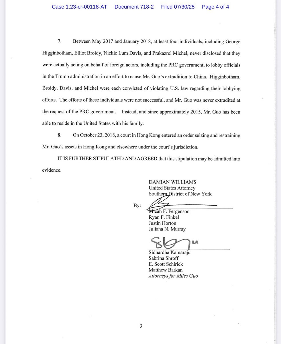🔥🔥🔥🔥🔥🔥🔥
“美利坚合众国纽约南区联邦地区法院
案号：S3 23 Cr. 118 (AT)

原告：
美利坚合众国政府

被告：
郭文贵，
又名“郭浩云”，
又名“Miles Kwok”，
又名“郭文贵”，
又名“七哥”，
又名“校长”，
又名“老板”。

协议书（STIPULATION）

美利坚合众国政府与被告郭文贵（Miles