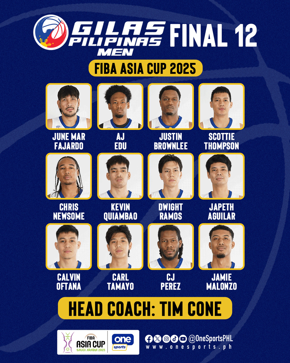 ROAD TO GLORY BEGINS NOW 🇵🇭

With roles set and chemistry intact, Gilas Pilipinas Men have finalized their 12-man roster for the FIBA Asia Cup 2025 in Jeddah, Saudi Arabia.

#GilasPilipinas #FIBAAsiaCup2025