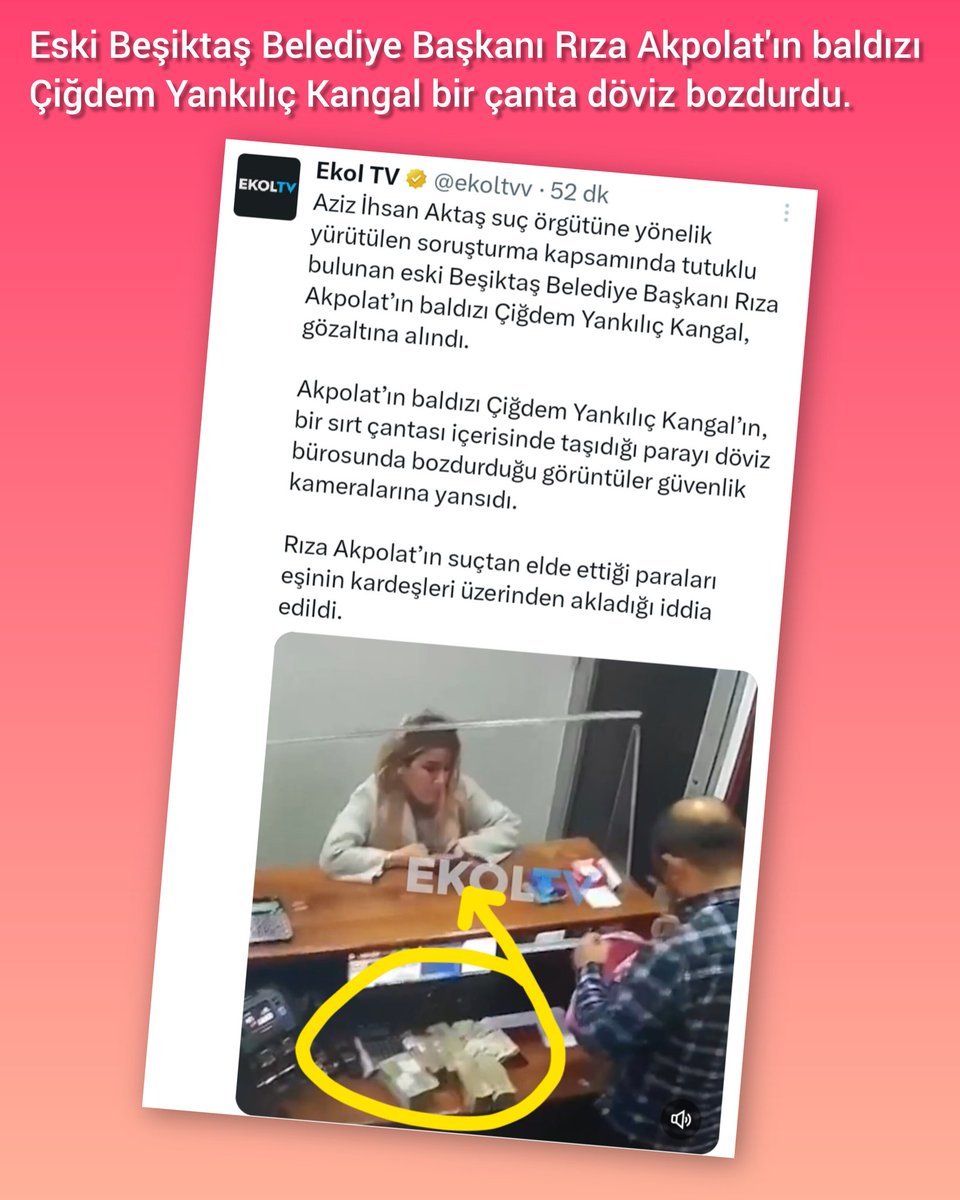 Eski Beşiktaş Belediye Başkanı Rıza Akpolat'ın baldızı Çiğdem Yankılıç Kangal bir çanta döviz bozdurdu.

CHP'nin her şey çok güzel olacak dediği buymuş! 

Bir şey diyor musunuz CHP'li arkadaşlar? 🎤