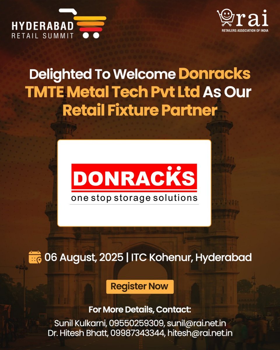 We’re proud to welcome Donracks as the Retail Fixture Partner at the Hyderabad Retail Summit 2025.

From supermarket aisles to industrial warehouses, Donracks has been helping businesses optimize space, increase efficiency, and elevate in-store experiences for over three decades.