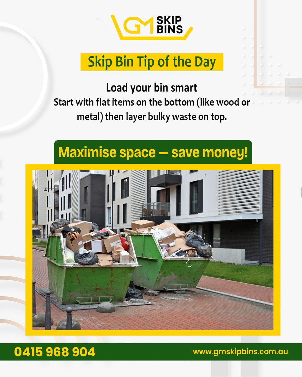 GmSkipbins's tweet image. 💡 Skip Bin Tip of the Day
Load your bin smart! Start with flat items on the bottom (like wood or metal), then layer bulky waste on top.
Maximise space — save money! 💰
📞 Call us on 0415 968 904
🌐 Book online at gmskipbins.com.au
#GMSkipBins #SkipBinTips #WasteSmart