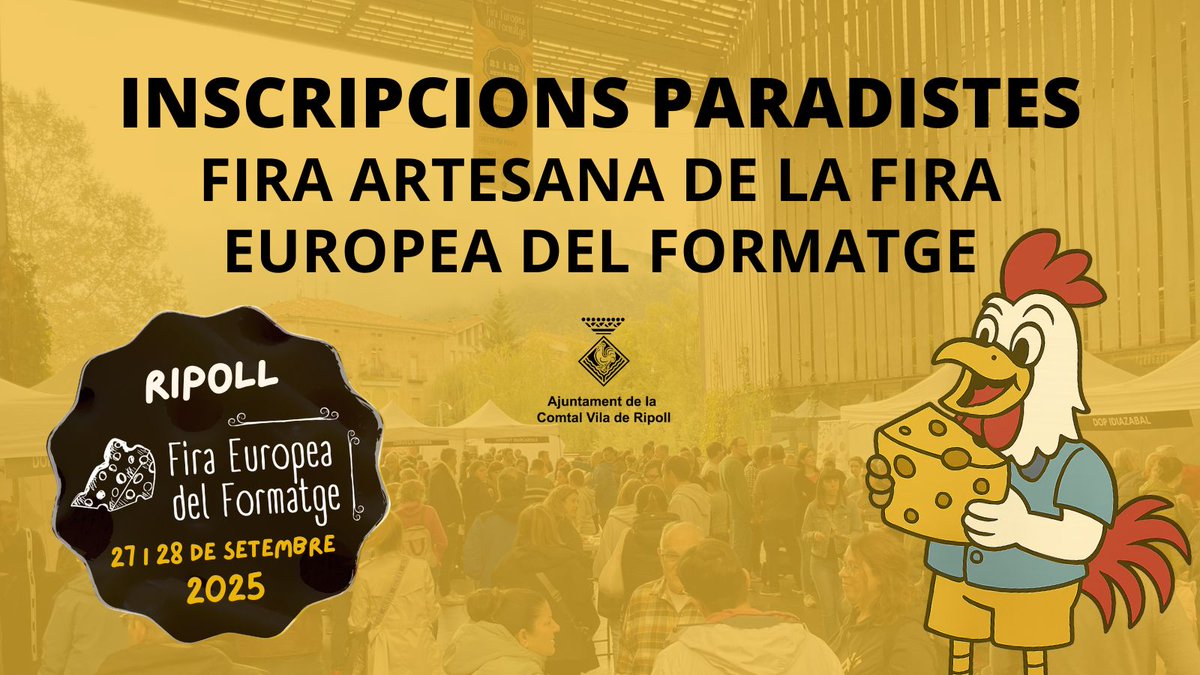 🛍️🧀 Les inscripcions per als paradistes que vulguin participar en la fira artesana de la Fira Europea del Formatge de #Ripoll (27 i 28 de setembre del 2025) estan obertes fins a l’1 de setembre (inclòs)

🔗ℹ️ Tota la informació i formulari: ripoll.cat/inscripcions-d…