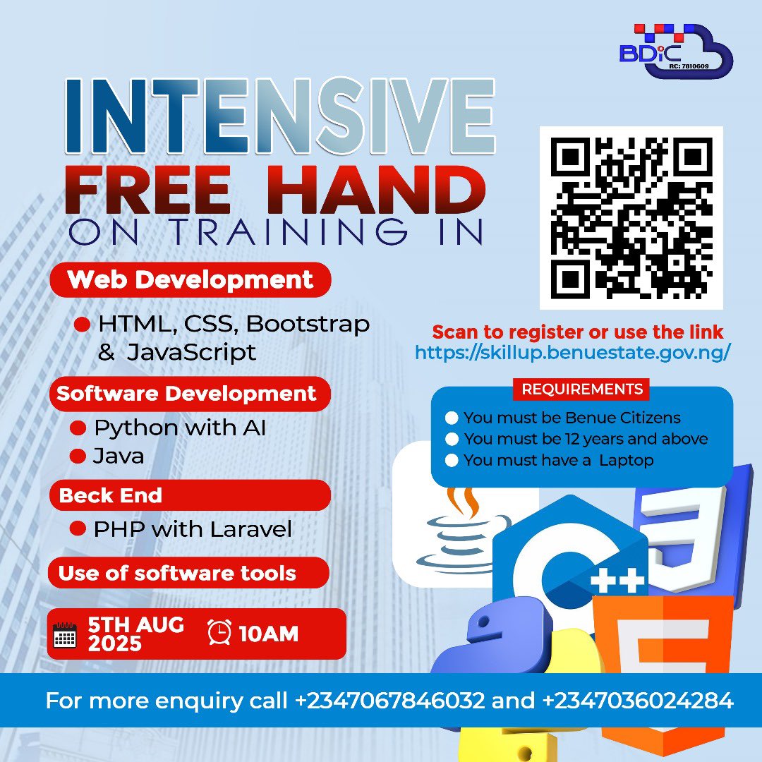 Prof Yateghtegh S K 🇳🇬🇷🇼🏁 SKYHUB NIGERIA (@yateghteghsky) on Twitter photo Attention Benue Citizens! 🚨
There are so many things to do but having a tech skill is and should be non-negotiable.
That’s why Benue Digital Infrastructure Company PLC <a href="/bdicplc/">Benue Digital Infrastructure Company PLC (BDIC)</a> is offering a free, intensive hands-on tech training for Benue residents aged 12 and above! Attention Benue Citizens! 🚨
There are so many things to do but having a tech skill is and should be non-negotiable.
That’s why Benue Digital Infrastructure Company PLC <a href="/bdicplc/">Benue Digital Infrastructure Company PLC (BDIC)</a> is offering a free, intensive hands-on tech training for Benue residents aged 12 and above!