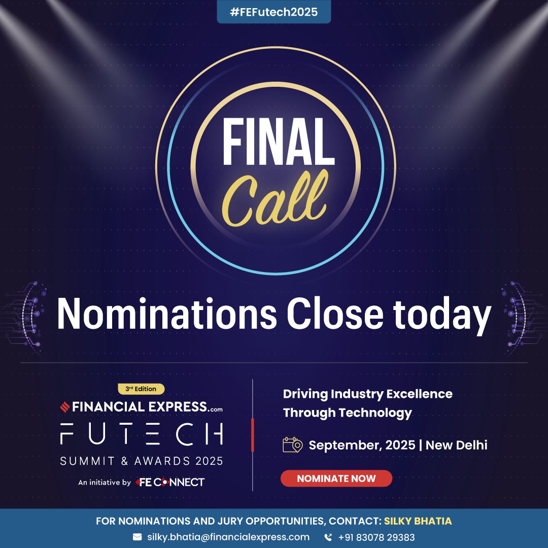 FinancialXpress's tweet image. Early Bird Offer Ends Today!
This is your last chance to nominate for the FE FuTech Awards 2025 at the exclusive early bird rate of ₹25,000 + GST.

September 2025 | New Delhi 
Nominate now: shorturl.at/HgYNP 

#FEFuTech2025 #FEConnect #FutechAwards #TechnologyLeadership…
