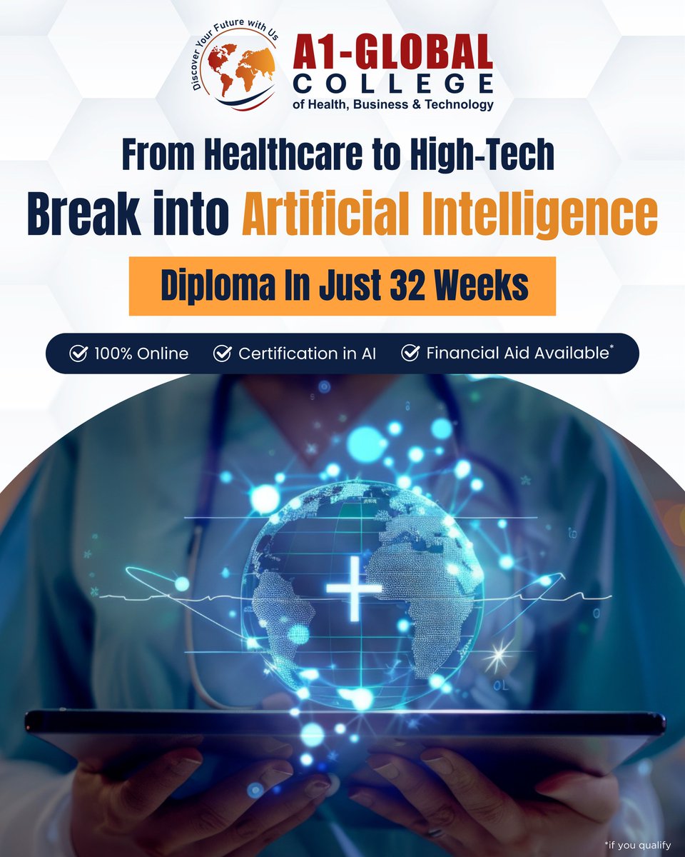 NetworthCo's tweet image. Wondering How to Launch a Career in Artificial Intelligence Without a Tech Background?

Now is the perfect time to step into the future with a Diploma in Artificial Intelligence from A1-Global College, completed in JUST 32 WEEKS, 100% ONLINE, and  

#A1GlobalCollege #BreakIntoAI