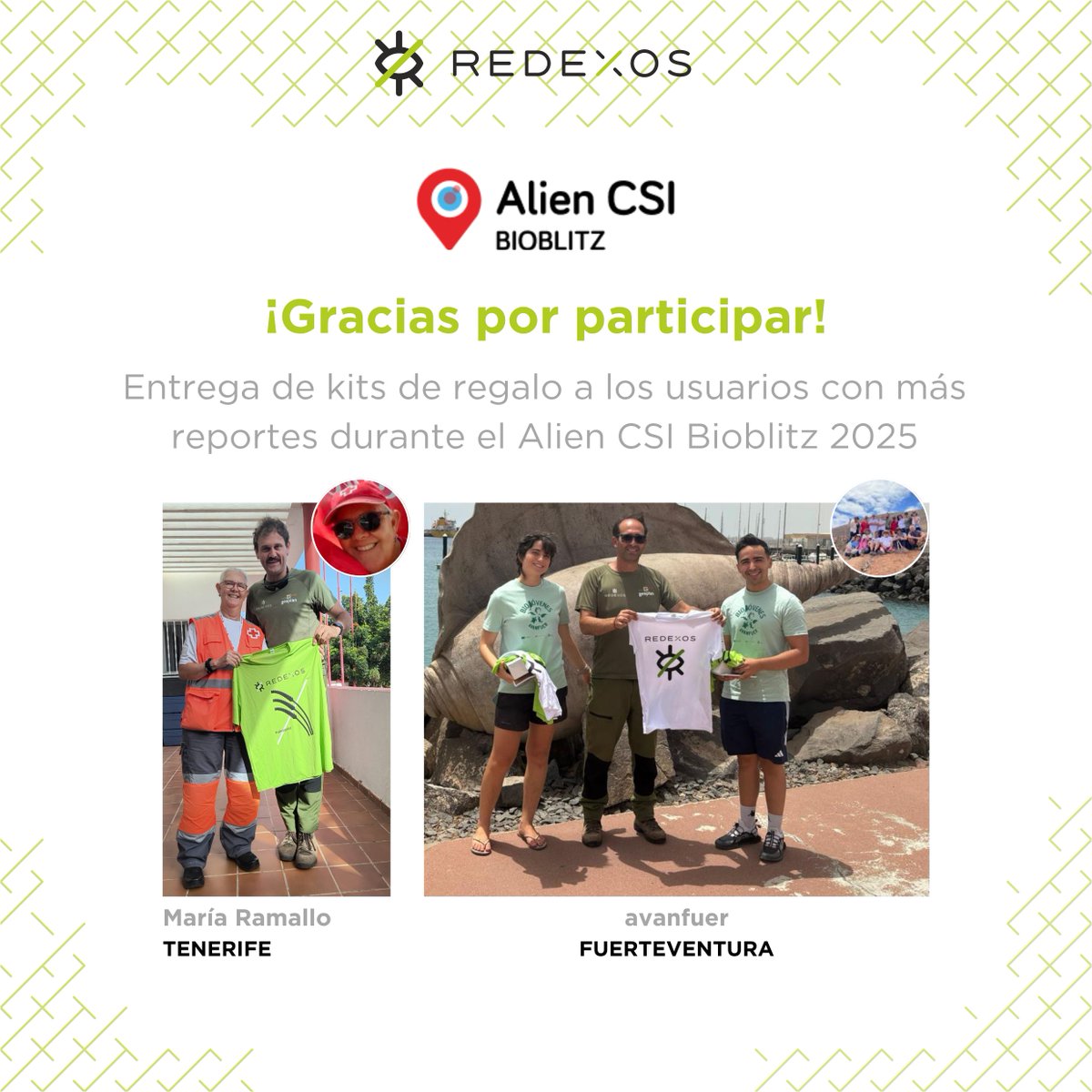 Dos kits regalo de RedEXOS para reconocer a quienes más #invasoras reportaron durante el #AlienBioblitz25. La participación individual estuvo en TF y la colectiva en FV. ¡Gracias a la ciudadanía canaria y a las entidades que impulsaron el evento (5 al 11 de mayo)! 😍