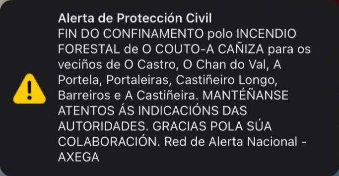 🚨 Emitido Es-Alert polo fin do confinamento na zona afectada polo #IFCoutoCañiza.

▶ Mantente atento ás indicacións das autoridades.