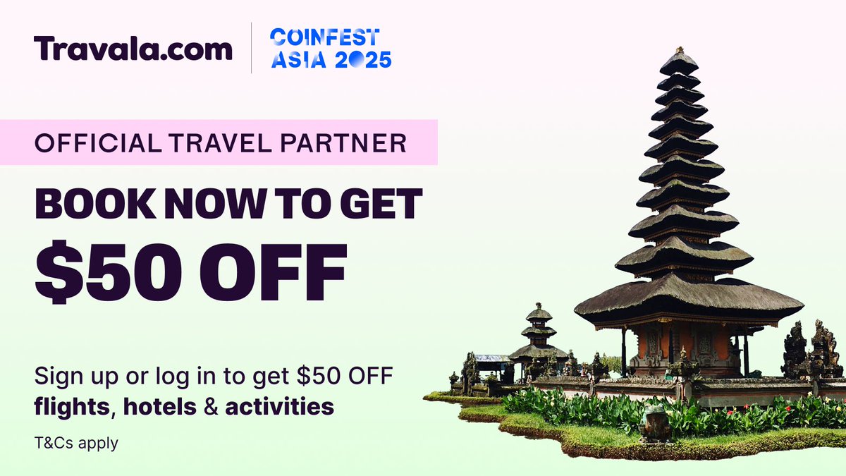 Travala.com 🏨 ✈️ (@travalacom) on Twitter photo Heading to <a href="/CoinfestAsia/">Coinfest Asia</a> 2025 in Bali?🌴
As the official travel partner, we’ve lined up TWO exclusive deals for our community:
1️⃣ Get $50 OFF flights, hotels & activities on Travala ✈️
👉 Sign up or sign in to claim your discount: bit.ly/44JJCM9 Heading to <a href="/CoinfestAsia/">Coinfest Asia</a> 2025 in Bali?🌴
As the official travel partner, we’ve lined up TWO exclusive deals for our community:
1️⃣ Get $50 OFF flights, hotels & activities on Travala ✈️
👉 Sign up or sign in to claim your discount: bit.ly/44JJCM9