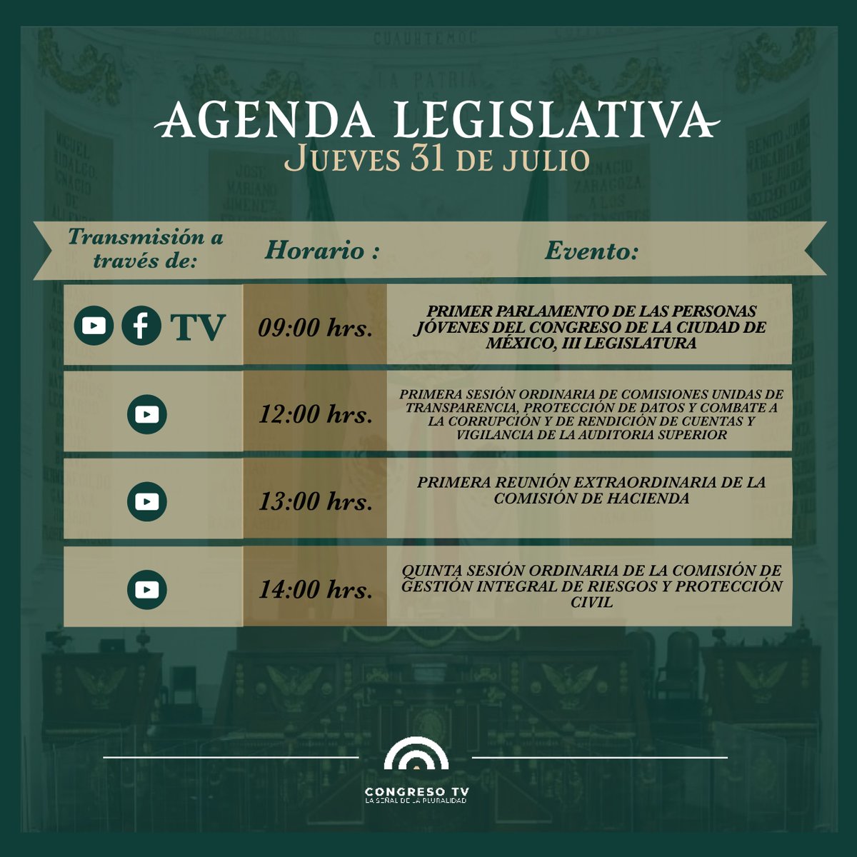 🗒️ #AgendaLegislativa | Revisa la actividad legislativa del #CongresoCDMX 🏛️ y sigue las transmisiones #EnVivo 🔴 de este jueves 31 de julio de 2025