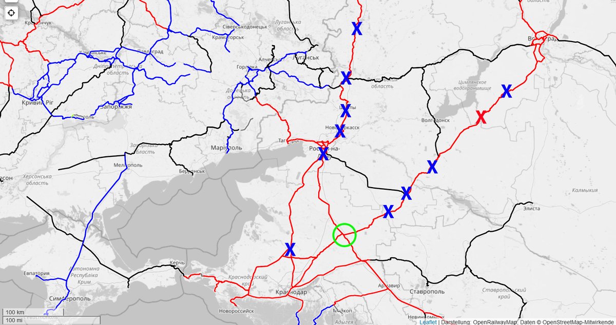 Der Angriff (rotes X) fügt sich in die bisherigen Ziele ein. Fehlt noch der Bahnknoten S Rostow (grüner Kreis). Solche Angriffe haben einzeln nur begrenzte Wirkung, in der Summe beeinträchtigen sie Stromversorgung und Betriebssicherheit (auch Stellwerke wurden angegriffen)
2/3