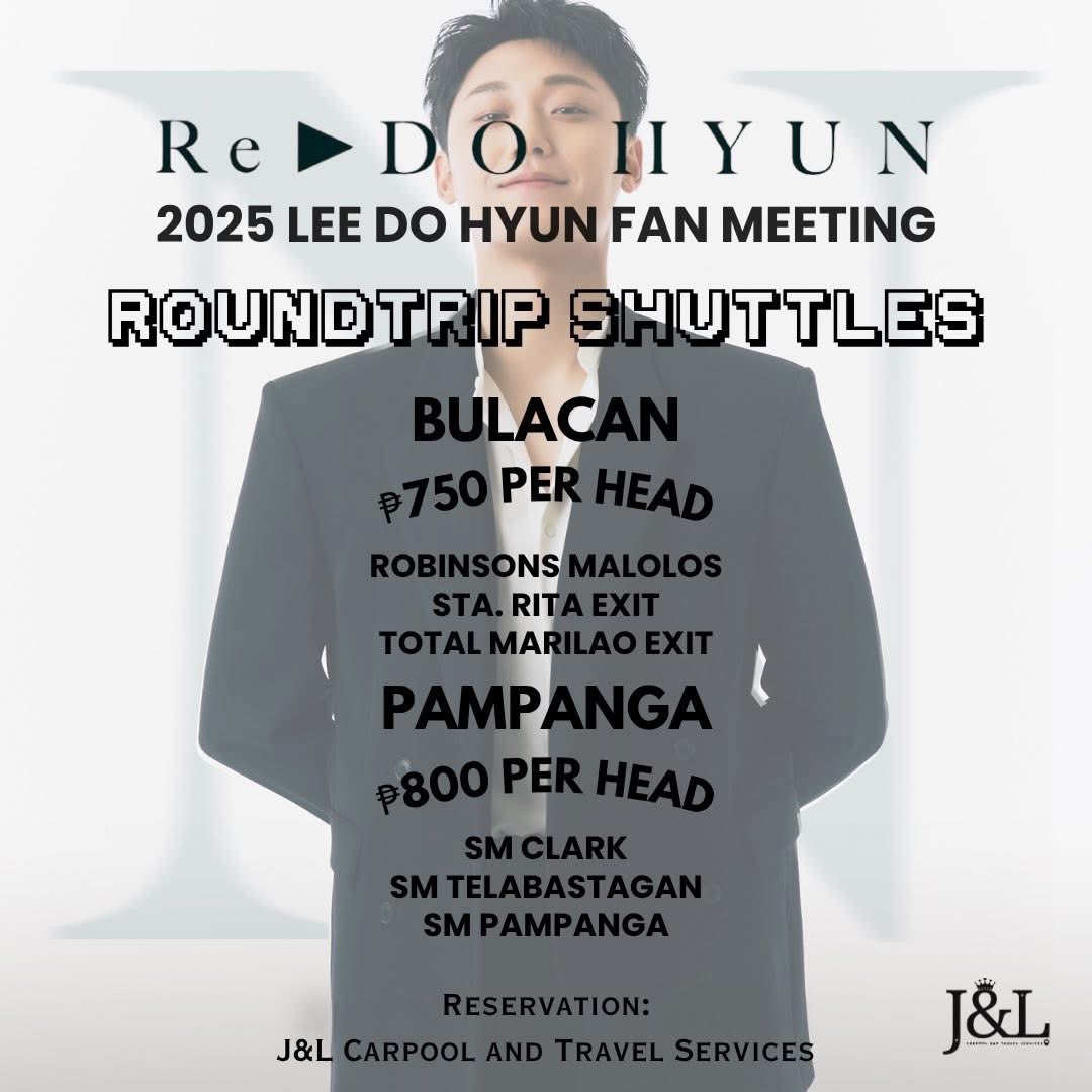 5 SLOTS LEFT for #LeeDoHyun carpool~roundtrip concert service! 🚐      

Lee Dohyun Fan Meeting: Re:Dohyun 

📅August 2,2025 
📍EVM Convention Center

BOOK NOW: forms.gle/JPpaUneD4fTj8q…

Batangas ~ Laguna #이도현 #Re_DOHYUN  #LUNARIGLOBAL #carpool #shuttle