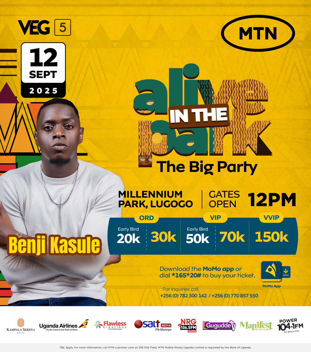 #AliveInThePark ARTIST REVEAL ✨

Get ready to sing, dance and ‘Brag Difurenti’ because <a href="/BenjiKasule/">A Benji😎</a> will be performing live! 🔥🙌🏾

Earlybird tickets are available on <a href="/mtnmomoug/">MoMo from MTN Uganda</a> 👉🏾 bit.ly/3H5fX6A
✨ For VVIP table reservations, contact 0782300142.

#TheBigParty
#VEGat5✨